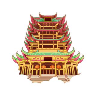 复古中国风国潮古建筑插画手绘高楼古塔PSD素材亭子png免抠图