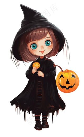 黑色女巫手拿南瓜灯万圣节卡通插画免抠