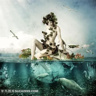 坐在海上面的美女