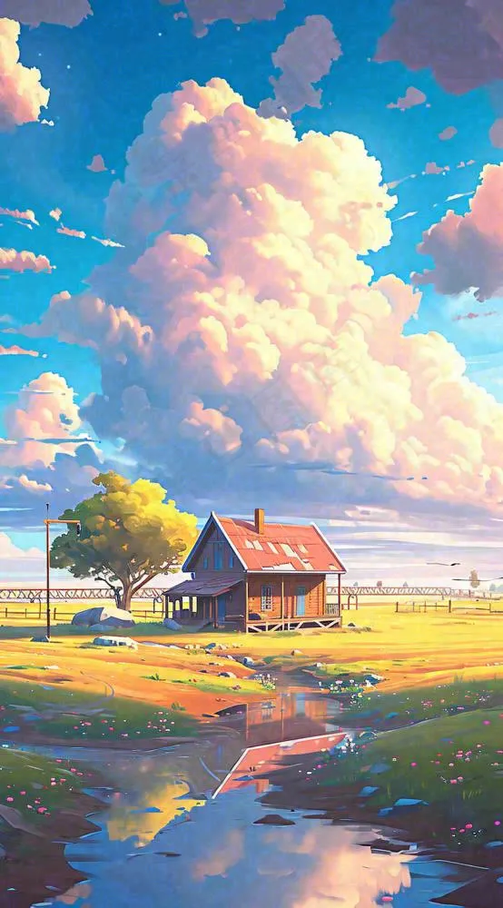 蓝天草坪上小屋房子在河流旁，河面倒影(816x1472)