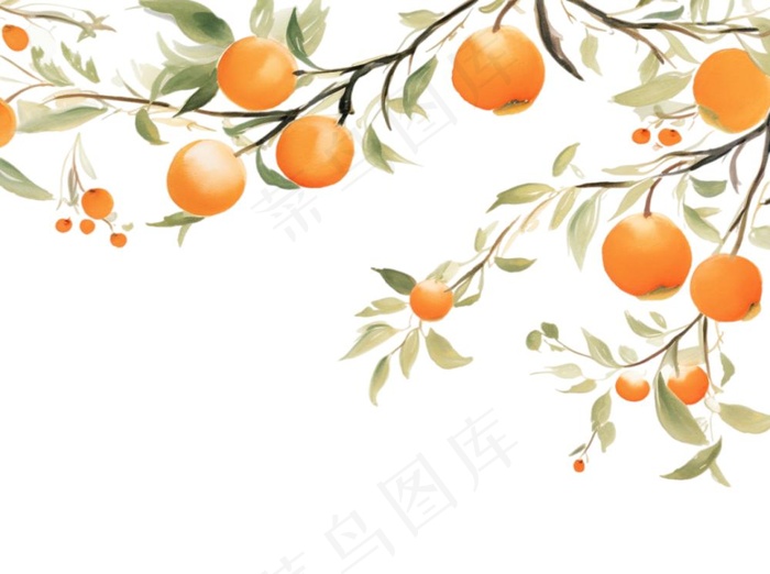 秋 柿子树水彩画插画免抠(1264x944)