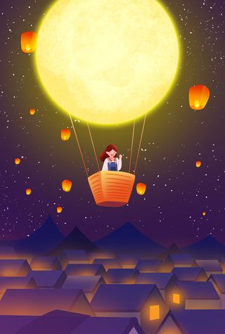 卡通梦幻中秋节坐着月亮飞天插画