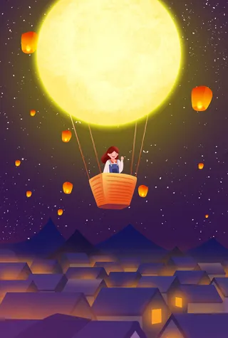 卡通梦幻中秋节坐着月亮飞天插画