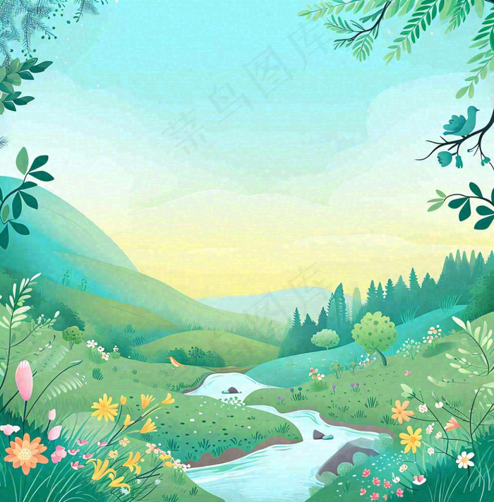 春天山脉小溪河流花丛绿植清新手绘插画，春分惊蛰(1024x1040)