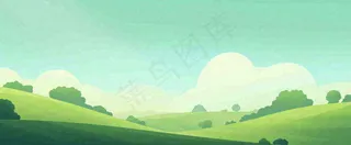 春天手绘绿色山坡春分，踏青，春游
