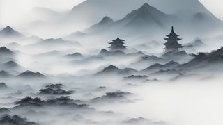 大气写意中国传统水墨画山水插画壁纸-云楼