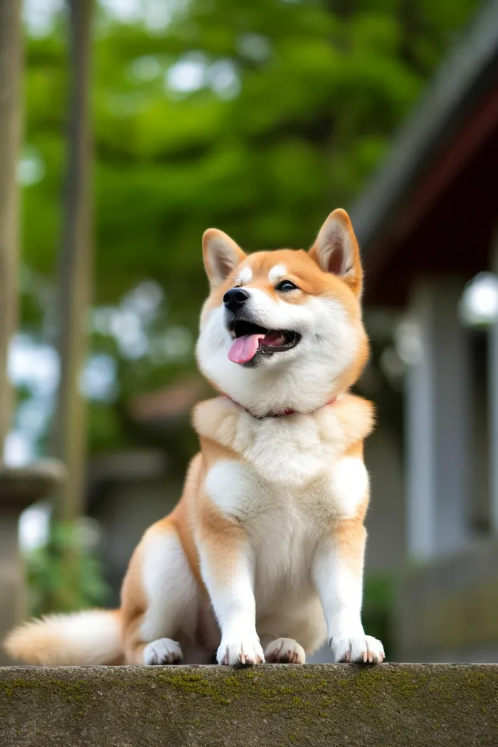 一只可爱的柴犬宠物狗坐着台阶上开心摄影图(2688x4032)