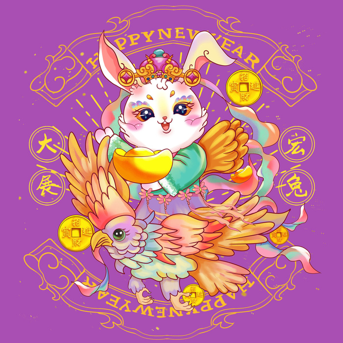 手绘2023兔年新年卡通兔子形象IP插画元素PSD设计素材png图案