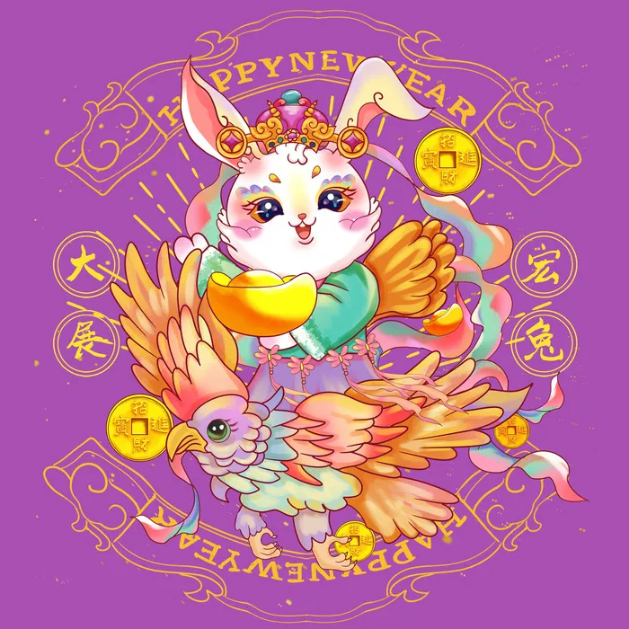 手绘2023兔年新年卡通兔子形象IP插画元素PSD设计素材png图案psd模版下载