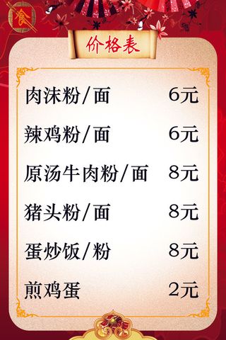 早餐菜单价格表