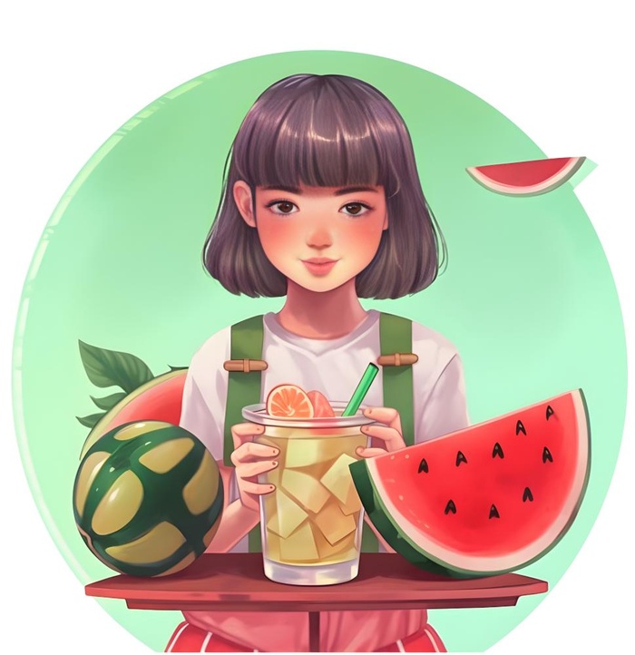 夏日西瓜冰饮水果女孩人物免抠(1842x1900)