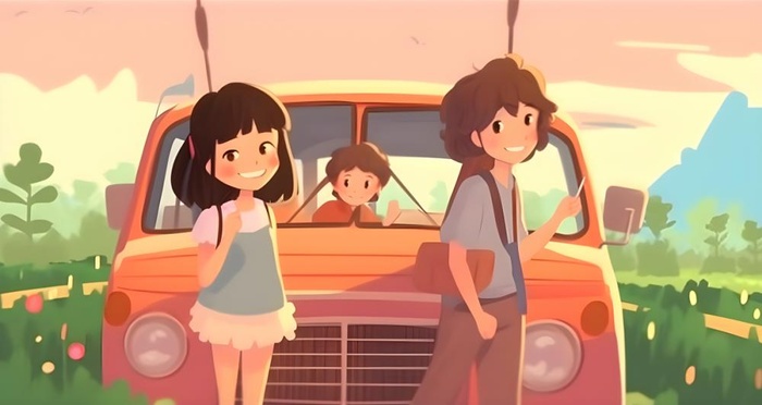 开车旅游草原花草人物卡通插画背景(1200x639)