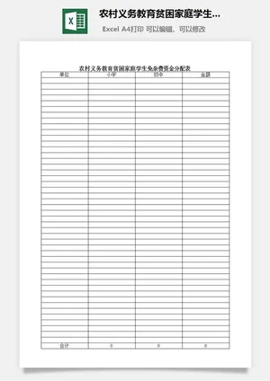 农村义务教育贫困家庭学生免杂费资金分配表excel模板预览图