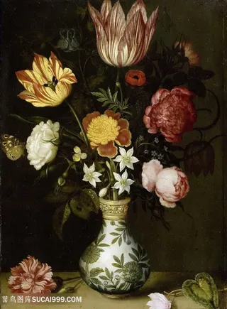 高清白色瓷瓶中的鲜花花卉油画图片