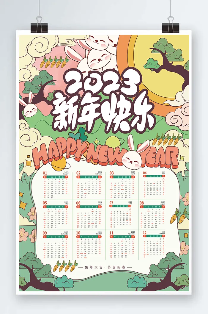 2023日历 兔年日历兔年挂历psd模版下载