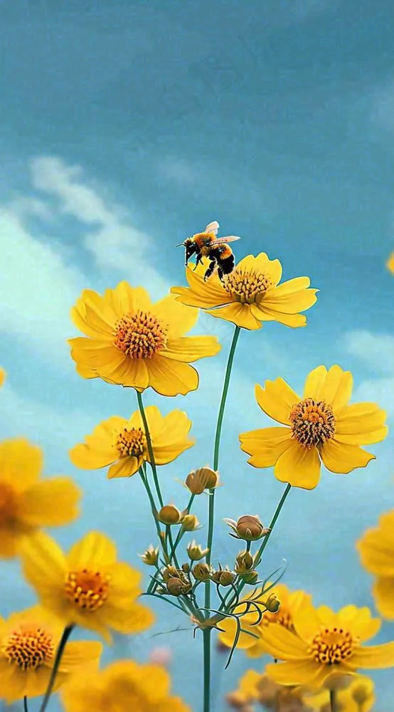 清新春天蓝天花丛黄色小花朵蜜蜂，春分摄影图(816x1472)