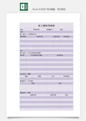 公司员工部门绩效考核表试用期KPI月度统计管理excel表格模板素材预览图