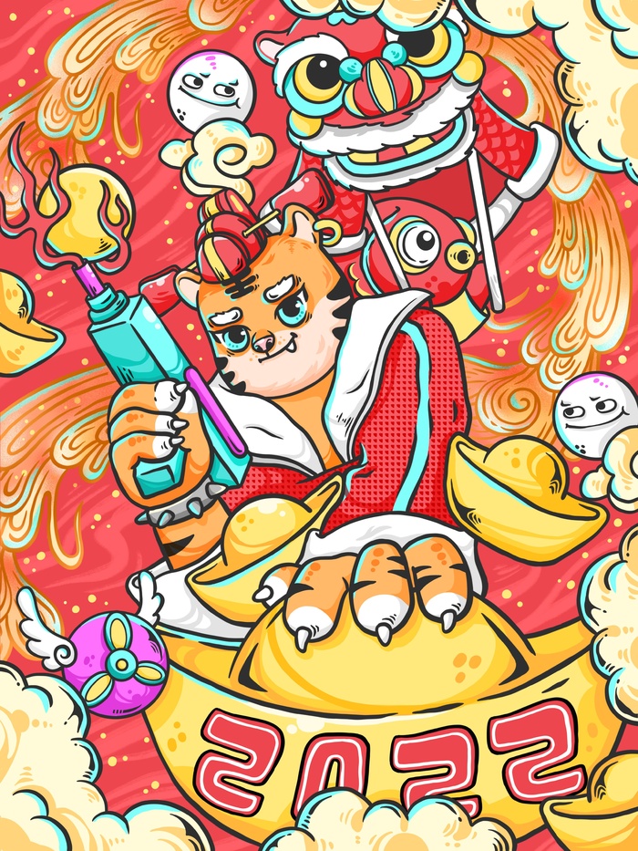 虎年中国风萌虎插画psd模版下载