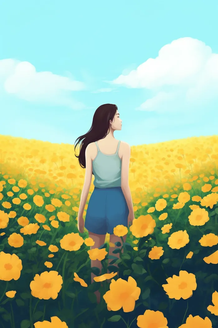 黄色花海里的少女蓝天白云卡通插画(x)