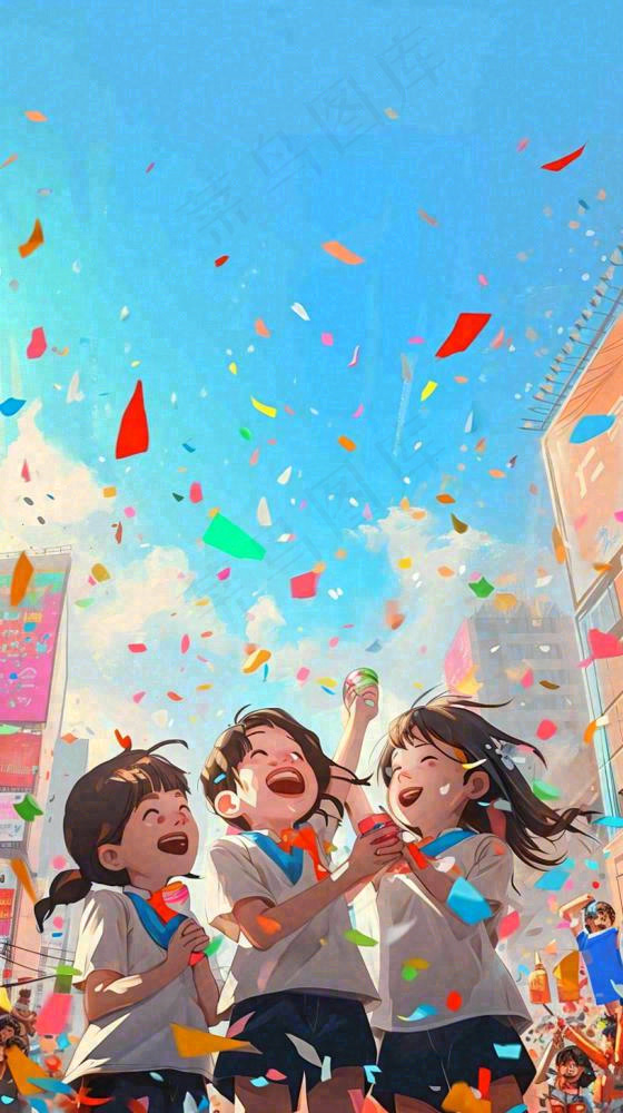 青年狂欢庆祝活动手绘插画，彩带街道