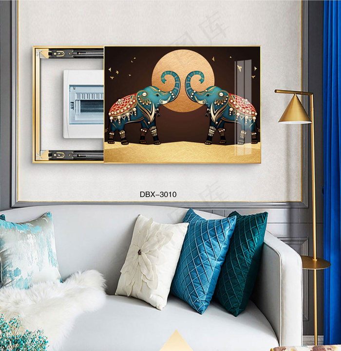 大气时尚家居室内装饰场景客厅沙发卧室床铺电表箱壁画背景图大象