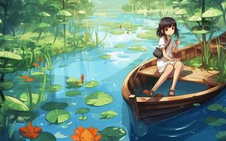 湖泊划船女孩山水风景背景