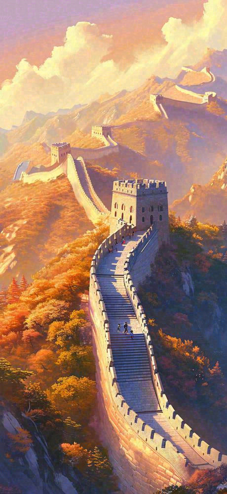 中国风万里长城落日阳光雄伟建筑手绘插画(736x1600)