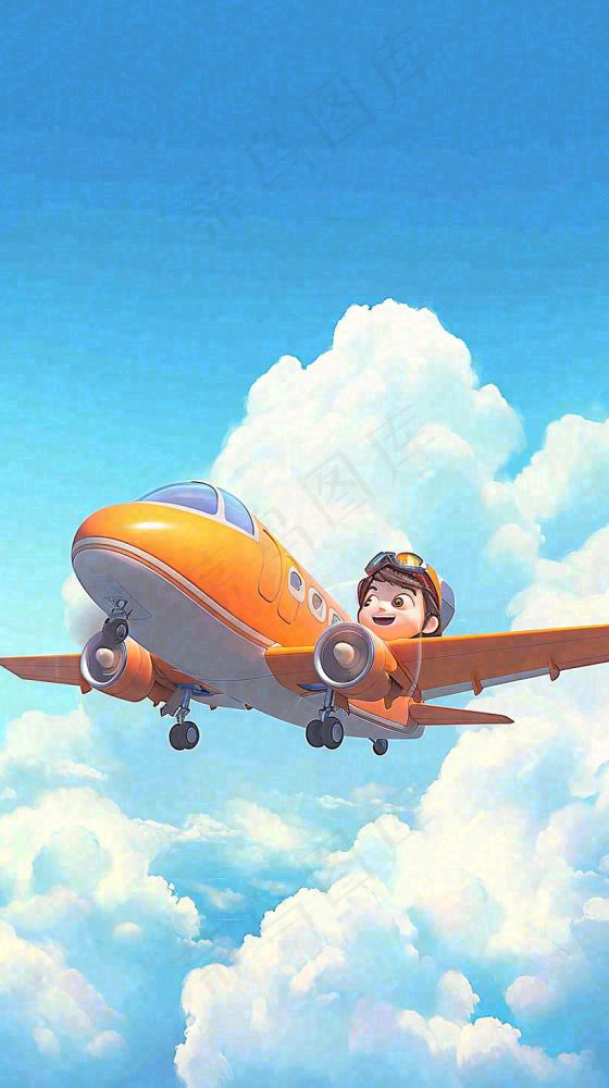 卡通少年男孩飞行飞机玩耍，可爱儿童节，天空白云