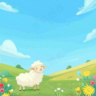 春天清新蓝天白云草地绵羊花朵扁平插画手绘