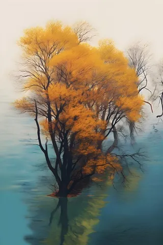 秋叶树木河面俯视摄影