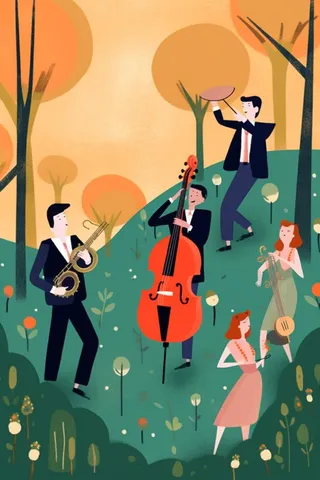 夏日草地音乐演奏扁平插画背景