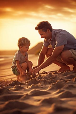 父子海边沙滩玩耍图
