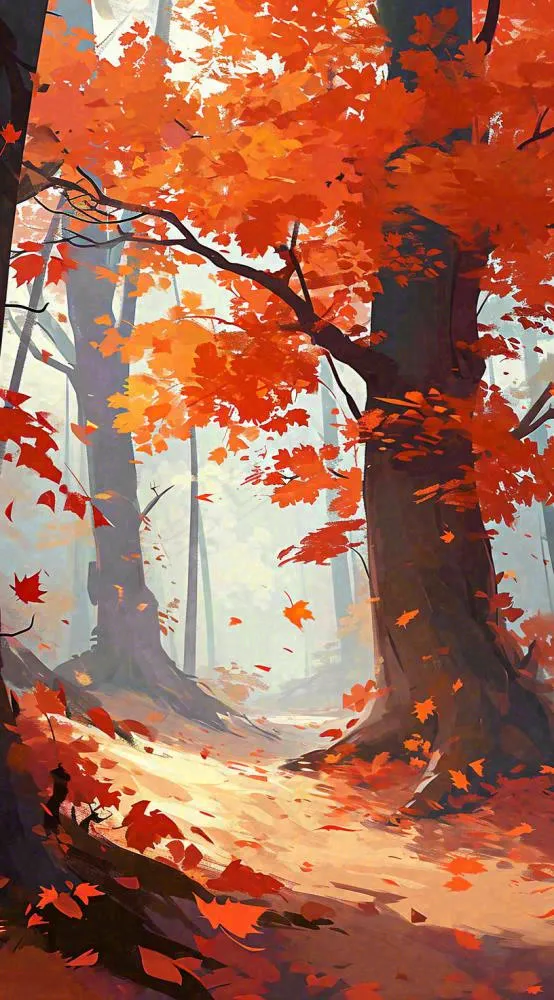 秋天红色秋叶树落叶温馨自然风景，立秋手绘插画(816x1472)