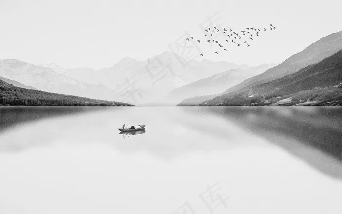 湖畔木船高清水墨风景画