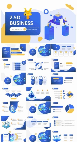 蓝黄2.5D扁平化欧美风商务PPT模板