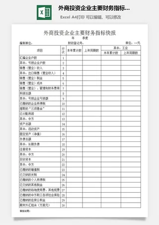 外商投资企业主要财务指标快报excel模板