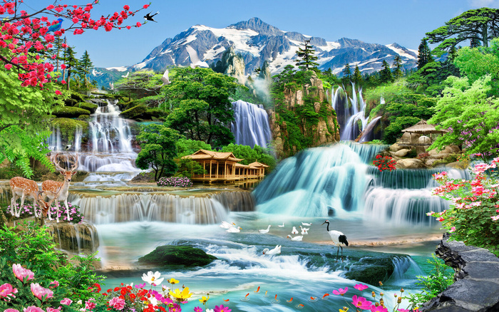 流水生财花卉高山背景风景psd模版下载