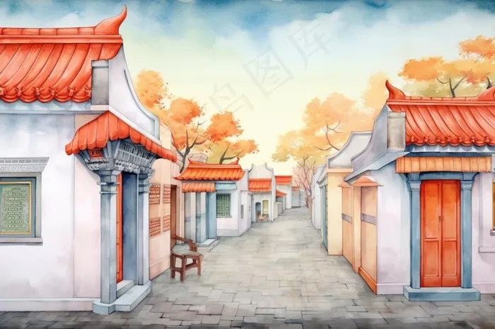 秋季胡同里古代建筑庭院水彩画水墨画素材(1344x896)