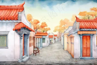秋季胡同里古代建筑庭院水彩画水墨画素材