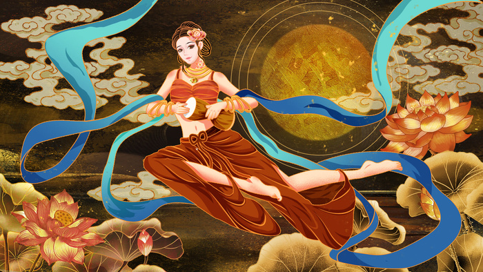 复古中国风国潮神话人物敦煌插画仙女手绘海报背景PSD设计素材