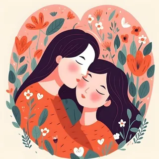 母亲妈妈和孩子相互依偎亲情手绘插画海报背景素材