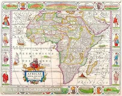 手绘精美非洲大陆帆船航海地图