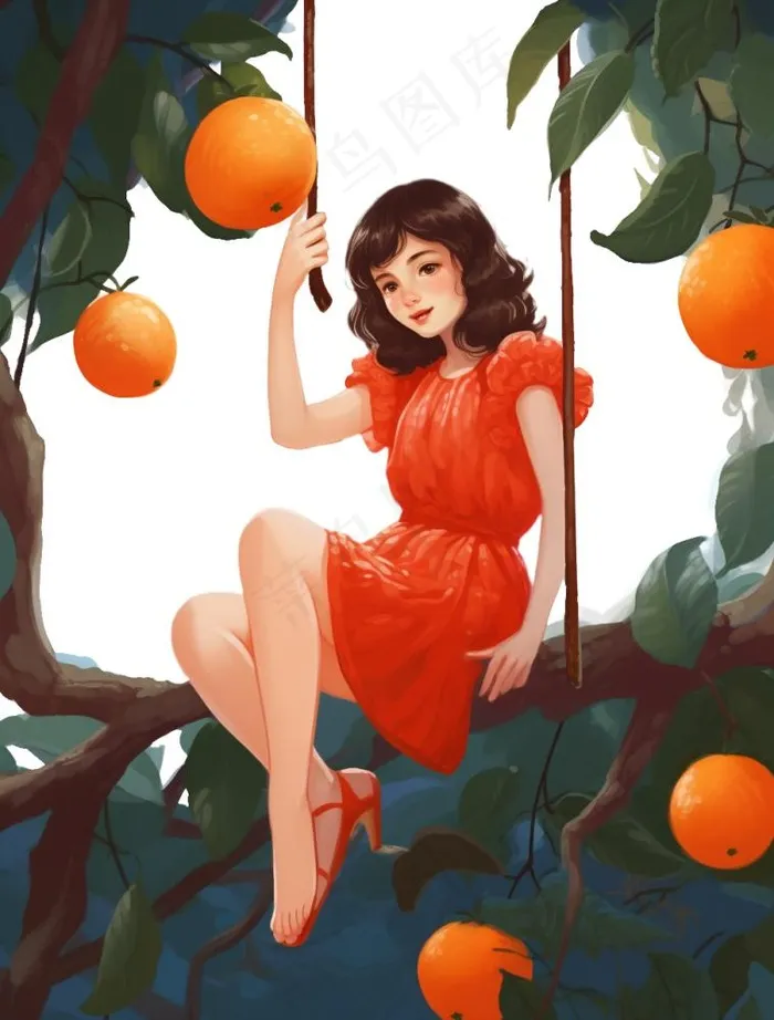 坐着橘子树上的女孩少女卡通插画免抠(960x1264)
