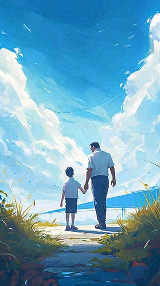 蓝天白云下父亲牵着手，父爱背影亲情伟大感恩