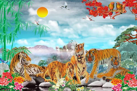 山水五福临门五虎背景