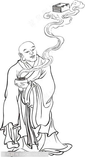 石碗里变出东西的僧人罗汉线描矢量PNG绘画图片 石碗里变出东西的僧人罗汉线描矢量PNG绘画图片
