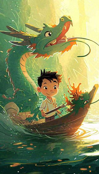 国风龙神话传说海面船只中国风插画