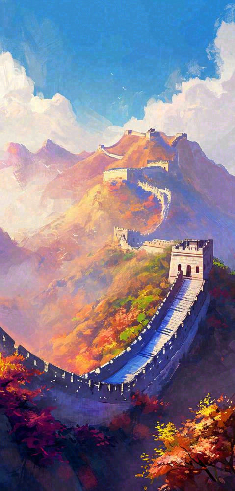 中国风长城雄伟建筑户外手绘插画(752x1568)