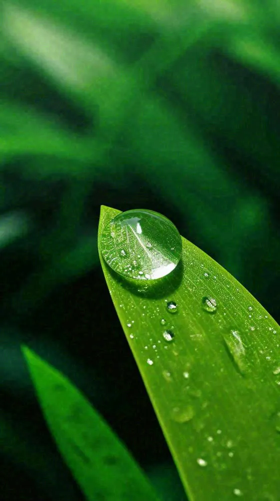 春天树叶草叶上晶莹剔透的水珠，雨水摄影图(816x1456)