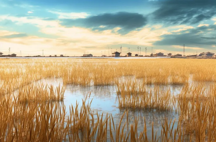 大片稻田和云朵淡黄色摄影图(4080x2688)